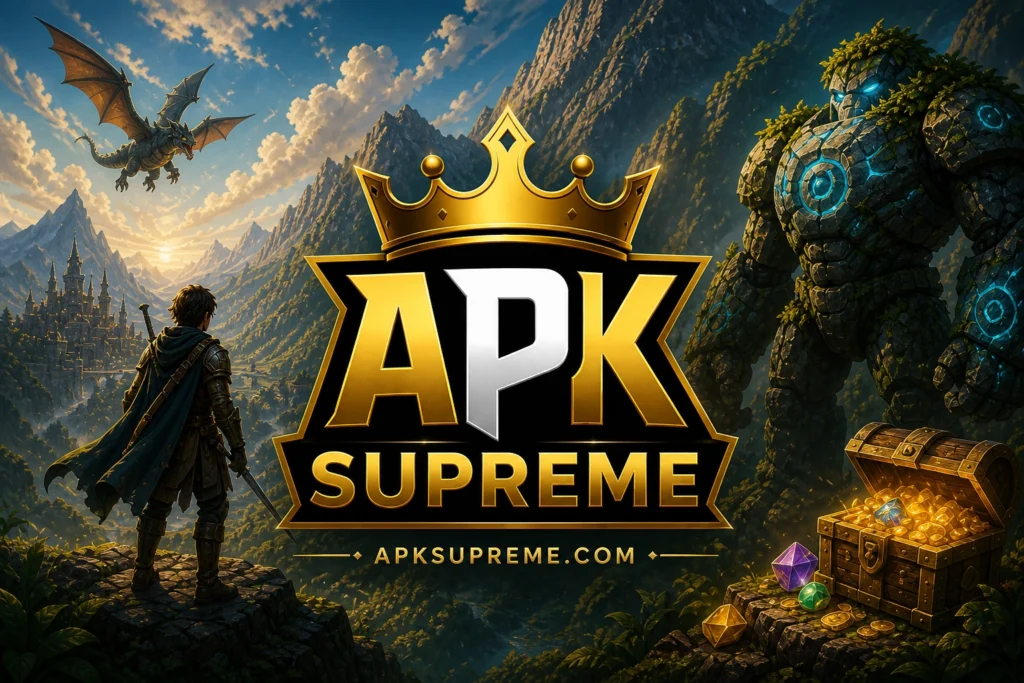 APK Supreme gaming logo with controller, racing car, fantasy dragon, and mobile gameplay screen