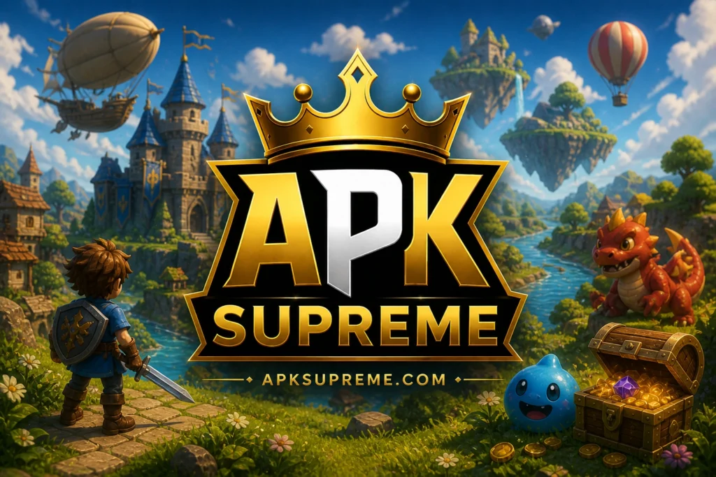 APK Supreme colorful gaming world with floating islands, castle, cute creatures, and treasure chest. Contact Us