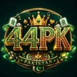 Luxury 3D 44PK Pakistan logo featuring ornate gold-and-emerald lettering, a royal crown, playing cards, dice, casino chips, roulette wheel, and glowing green effects on a dark background.
