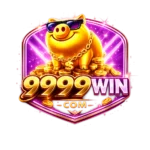 Gold lucky pig wearing sunglasses on a pile of coins with neon purple background and bold 9999Win branding