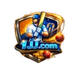 Blue and gold 1JJ.com logo featuring a cricket batsman holding a bat inside a metallic shield with glowing cricket balls, gold coins, and dynamic light trails on a dark background.