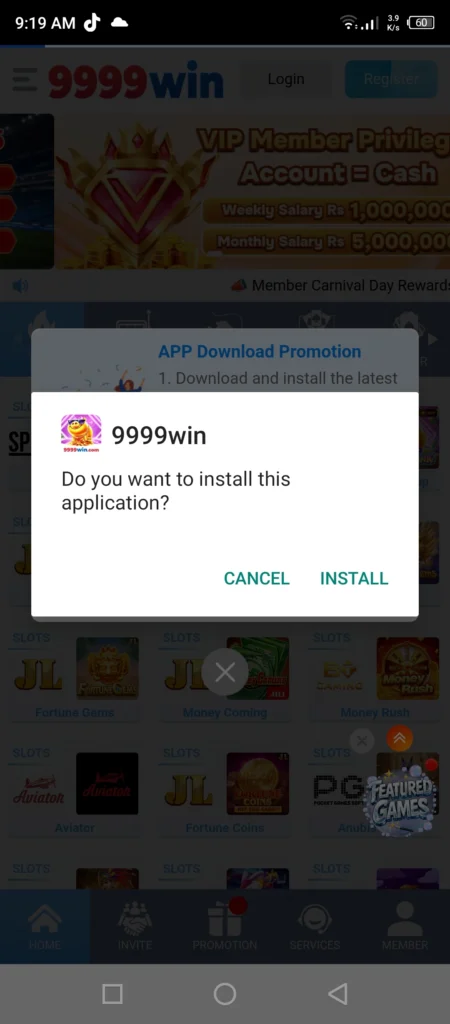 9999Win Game APK file downloading on Android smartphone