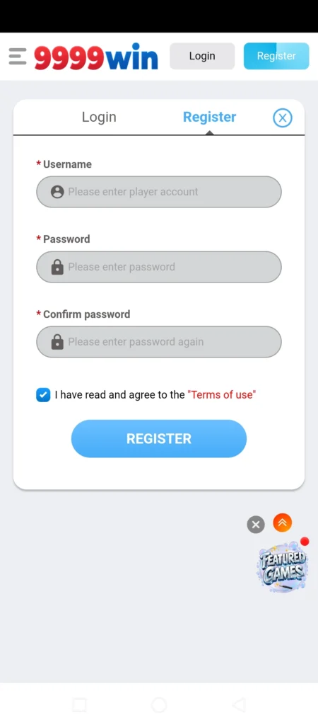 9999Win Game registration page for creating a new account on Android