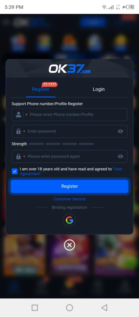 OK37 Game register account page with mobile verification