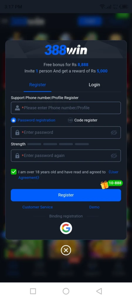 388Win Game registration page for creating a new account in Pakistan