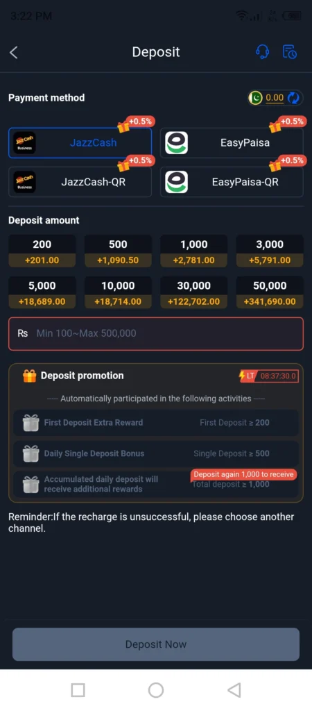 388Win deposit section supporting JazzCash and Easypaisa payment methods