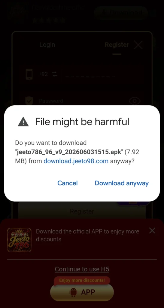 Jeeto786 APK file downloading on Android smartphone from a trusted source