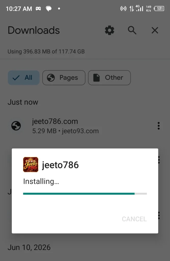 Installing Jeeto786 Game on Android device after download.