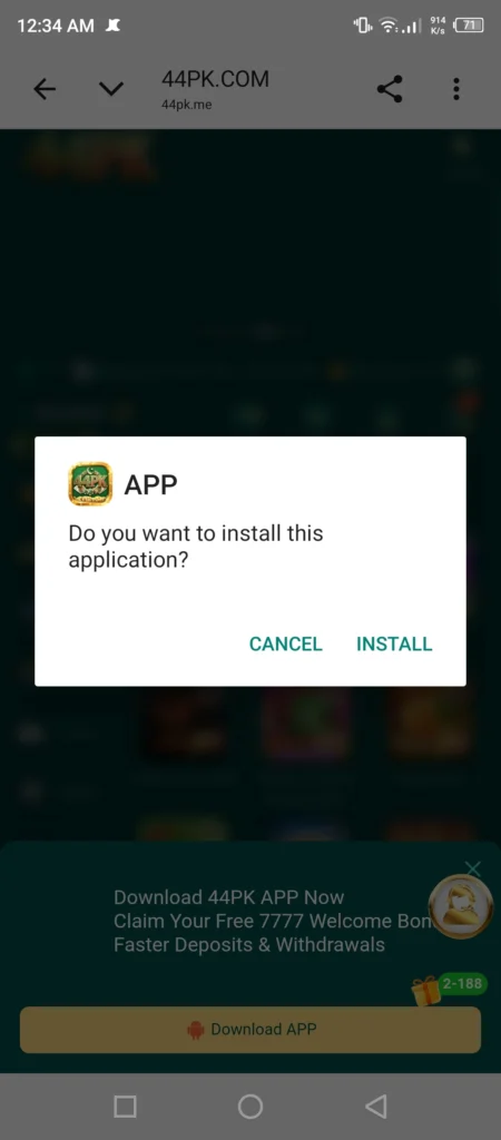 Installing 44PK Game APK on Android smartphone from downloaded file