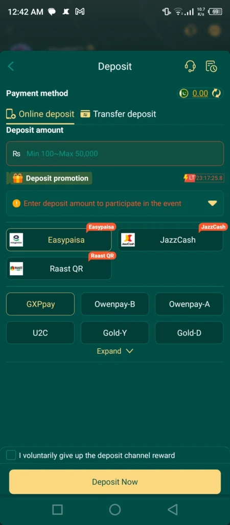 44PK Game deposit section supporting JazzCash and Easypaisa payments