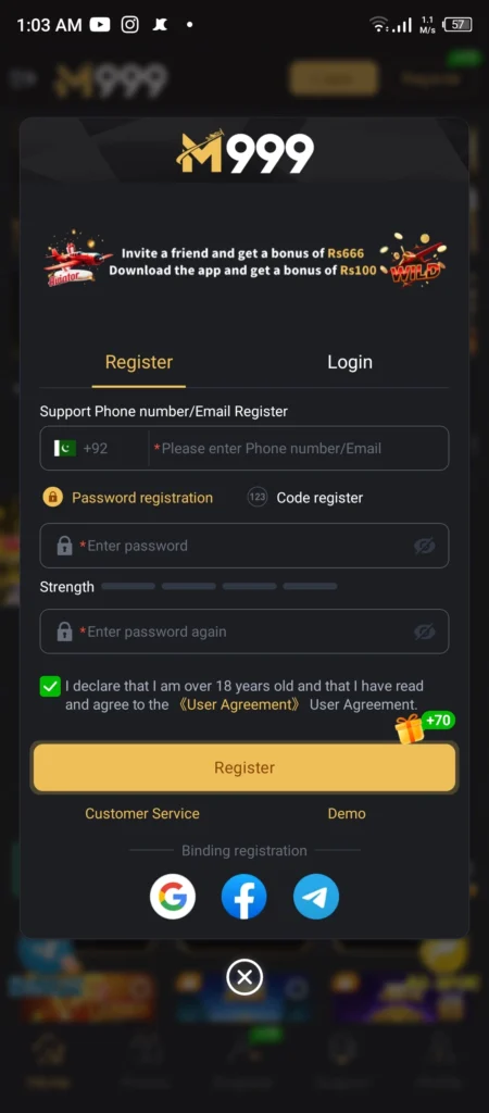 M999 Game Login Register page with mobile number verification for new users in Pakistan