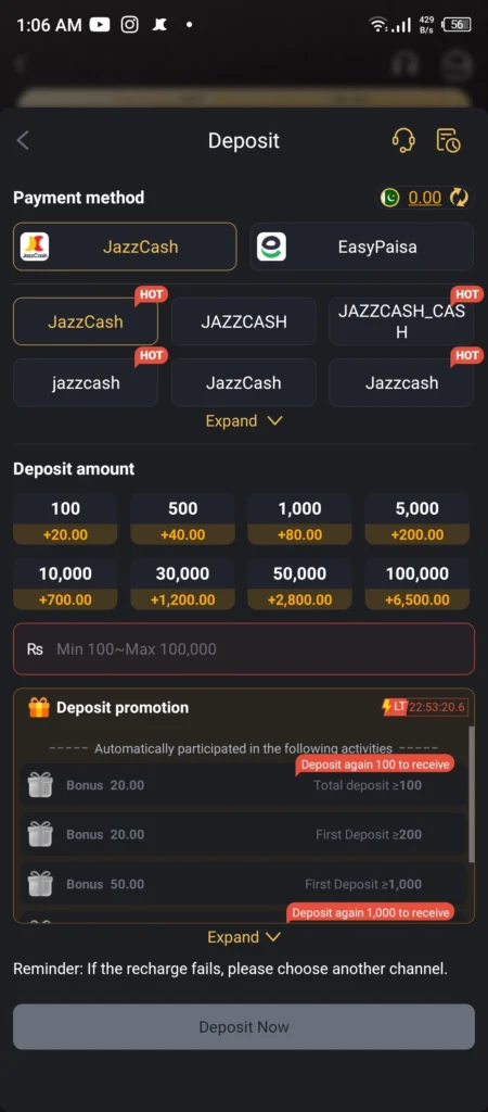 M999 App Deposit screen using JazzCash and Easypaisa for fast funding