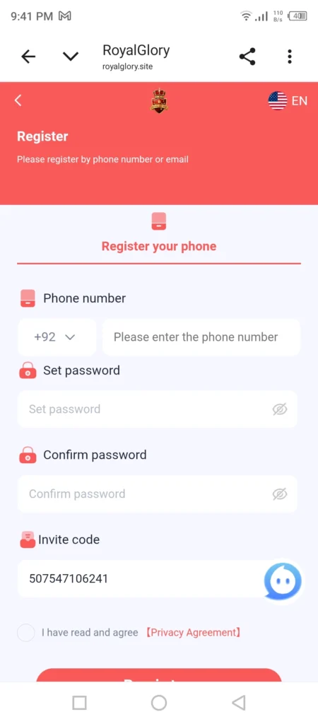 Royal Glory Game APK download Pakistan registration screen showing mobile number and password fields