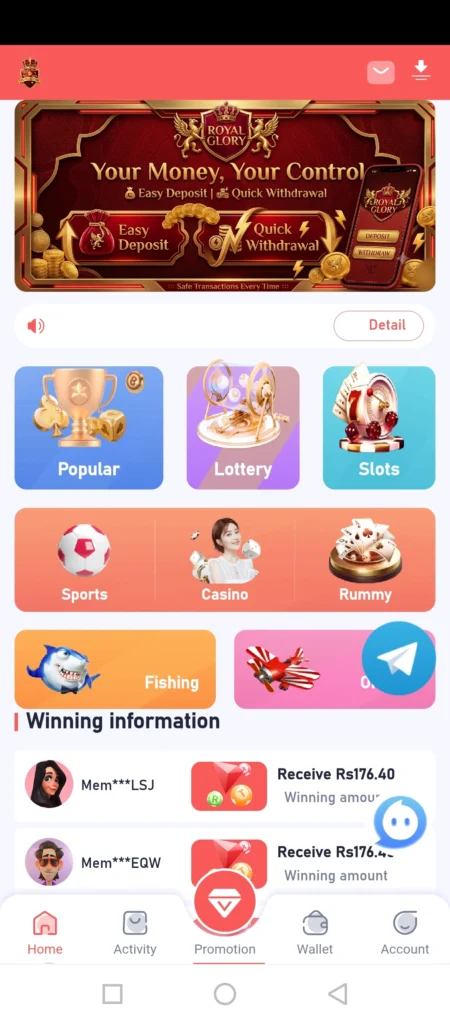 Royal Glory Game APK download Pakistan home screen showing all game categories