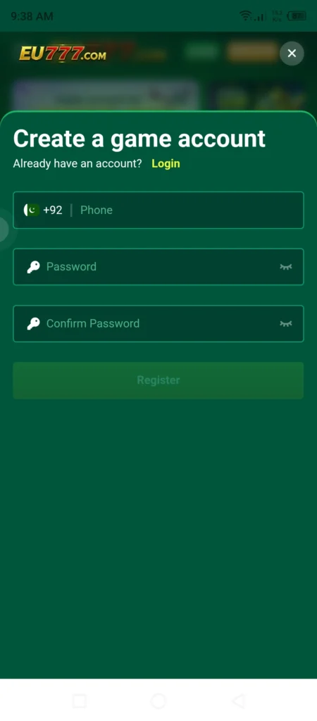 EU777 Game login register 2026 registration screen showing mobile number and OTP verification fields Pakistan