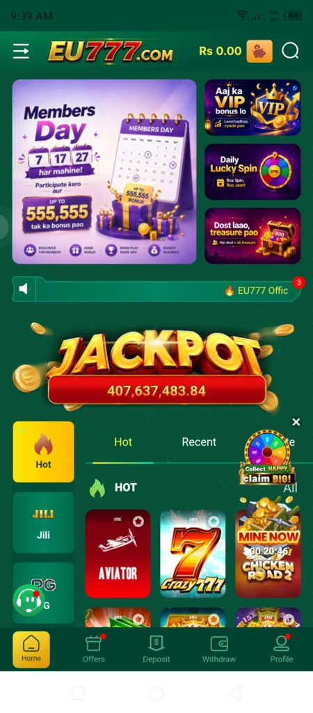EU777 Game APK download Pakistan home screen showing Rs 407 million live jackpot and hot games