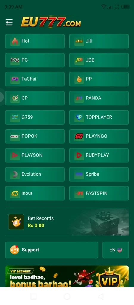 EU777 Game login register 2026 providers screen showing JILI PG JDB Evolution Spribe and more