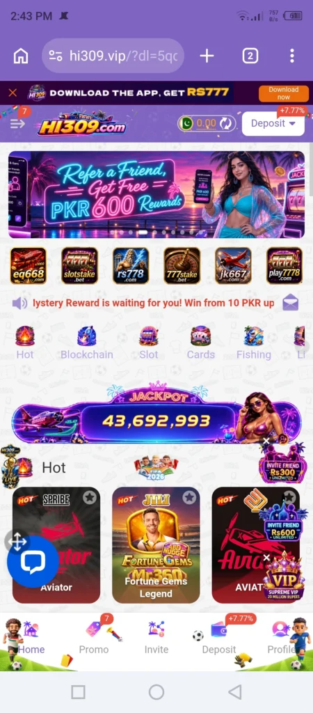 HI309 Game APK download Pakistan banner showing RS777 download bonus jackpot 43 million and PKR 600 referral rewards
