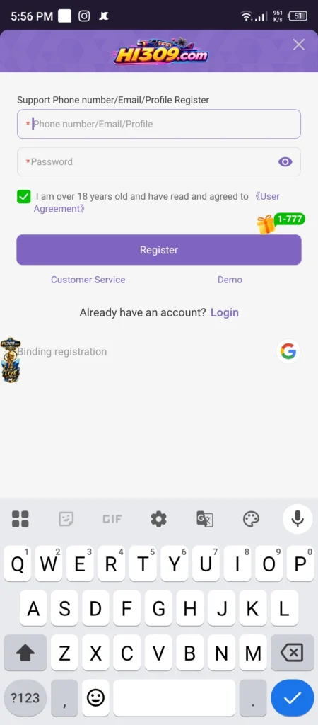 HI309 Game login register 2026 registration screen showing mobile number OTP and referral code fields Pakistan