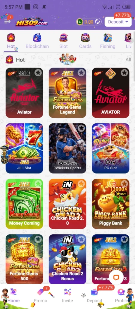 HI309 Game APK download Pakistan home screen showing hot games Aviator Fortune Gems and Money Coming