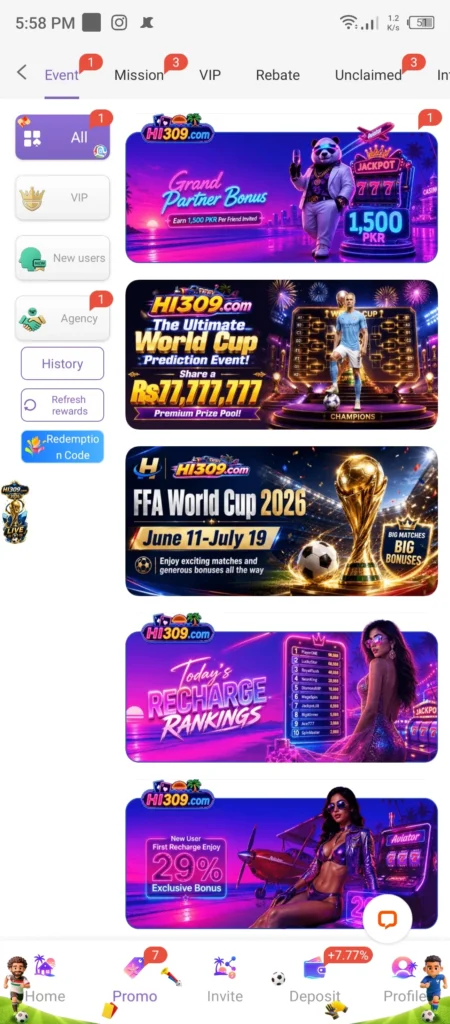HI309 Game referral bonus Pakistan grand partner bonus 1500 PKR and FIFA World Cup Rs11 million prize pool event