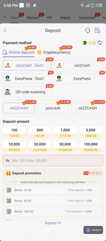 HI309 Game withdrawal JazzCash fast and EasyPaisa fast deposit withdrawal screen showing payment methods and bonus structure Pakistan 2026