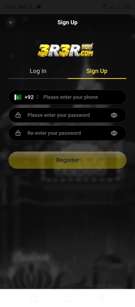 3R3R Game login register 2026 registration screen showing mobile number OTP verification and referral code for Rs3000 bonus Pakistan