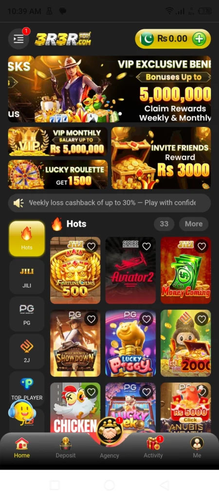 3R3R Game APK download Pakistan home screen showing VIP Rs5 million salary invite friends Rs3000 reward and lucky roulette 1500 bonus