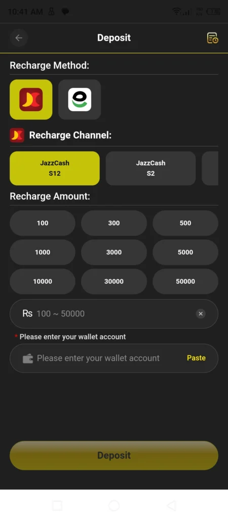 3R3R Game withdrawal JazzCash and EasyPaisa deposit screen showing payment methods and transaction process Pakistan 2026